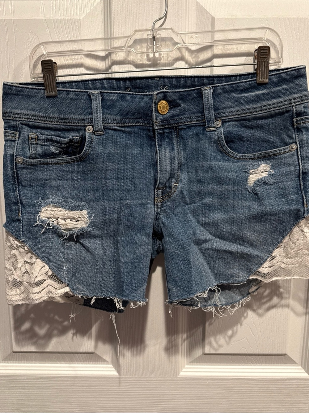 American Eagle Outfitters Distressed Lace-Trim Denim Shorts - Blue
